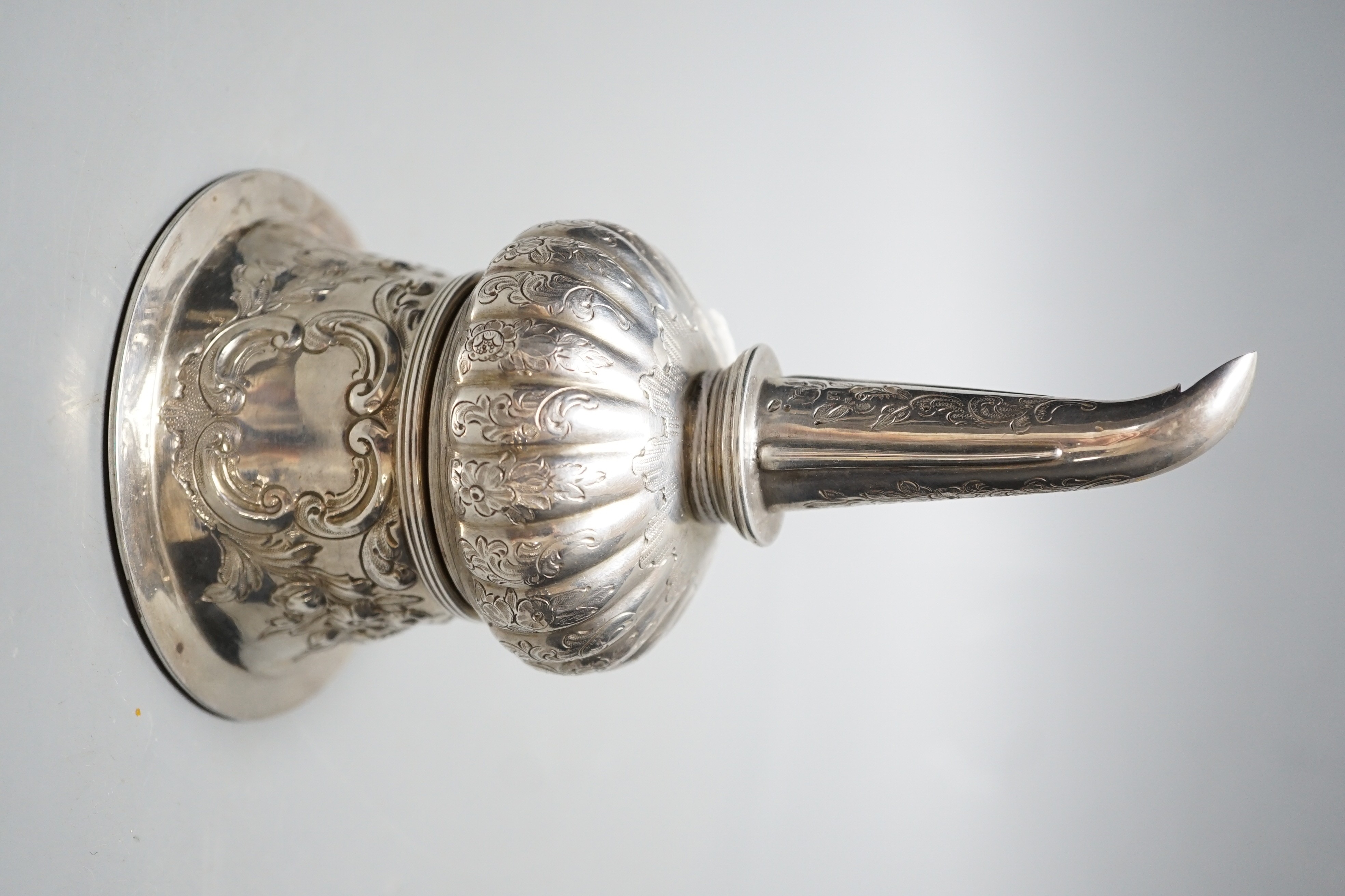A George III silver wine funnel, with later? embossed and engraved decoration, John Watson & Son, Sheffield, 1817, 15.6cm.